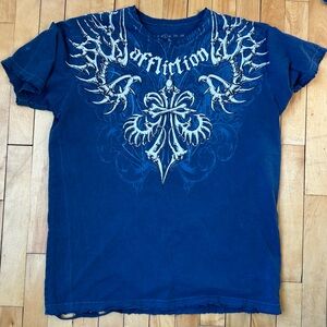 Affliction Tshirt Blue Graphic Tee Shortsleeve Y2K Distress Dragon Skeleton L